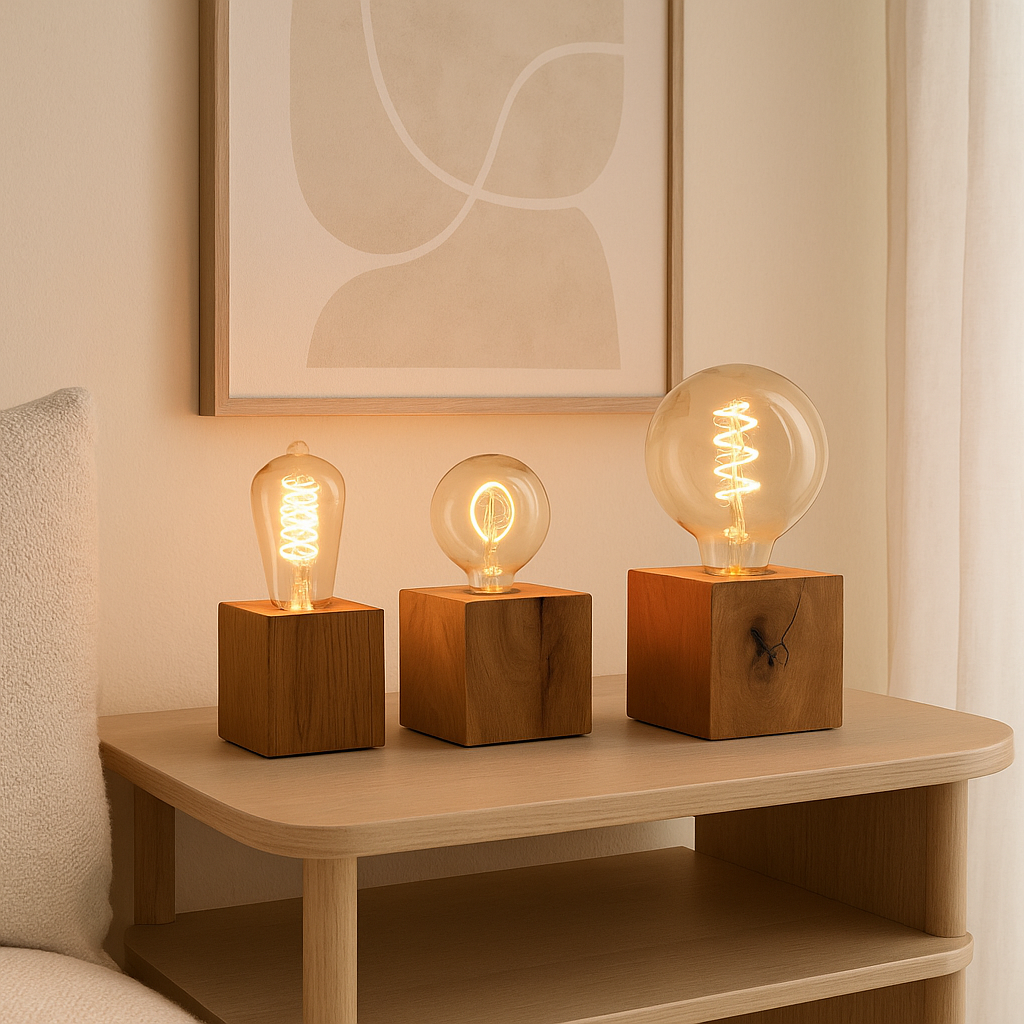 Lampa Stołowa z Dębu Skumra | Skandynawska Lampa z Drewna | LED z Regulacją Jasności