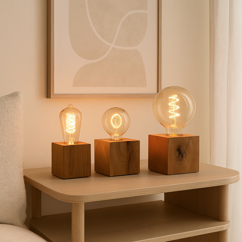 Lampa Stołowa z Dębu Skumra | Skandynawska Lampa z Drewna | LED z Regulacją Jasności