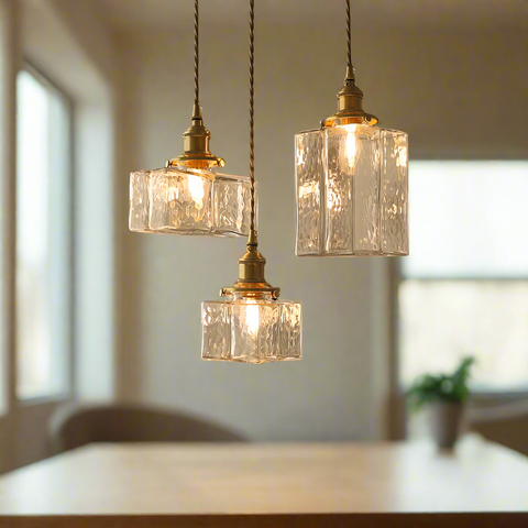 Prisma Trio | Lampa Wisząca Retro | Tłoczone Szkło i Złote Detale