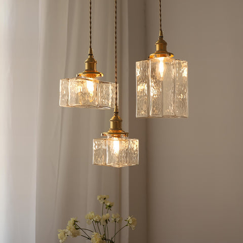 Prisma Trio | Lampa Wisząca Retro | Tłoczone Szkło i Złote Detale