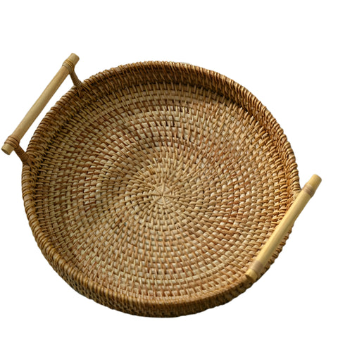Okrągła taca do serwowania RATTANA - ręcznie pleciony naturalny rattan z drewnianymi uchwytami