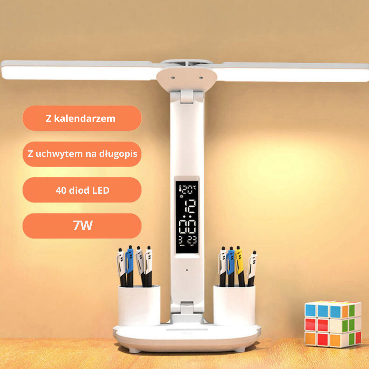 Lampa Biurkowa LED z Kalendarzem | Regulacja Światła i Pojemnik na Długopisy | Składana i Mobilna