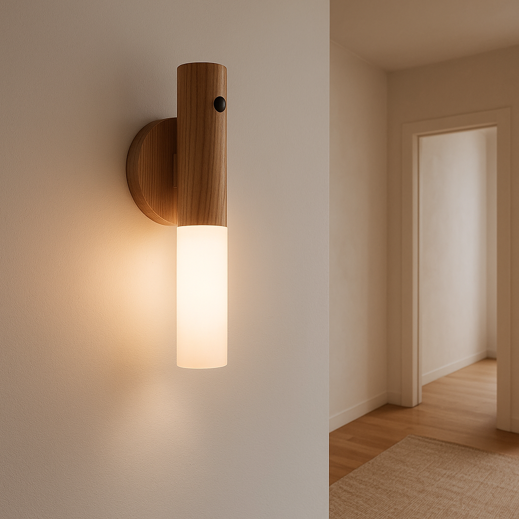 Lampa Ścienna LumiDrewno | Oświetlenie Wnętrz | Czujnik Ruchu i Drewnoandlamp – Modern, Minimalistisch en Warm Licht